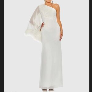 Ieena Mac Duggal Feather Cuff Gown Size 14 One Shoulder Ruched In White Fairy